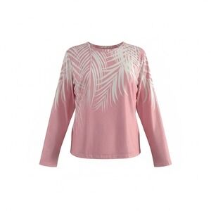 ZOLUCKY 1X Pink Ivory Palm Leaf Print Long Sleeve Stretch Top Plus Size